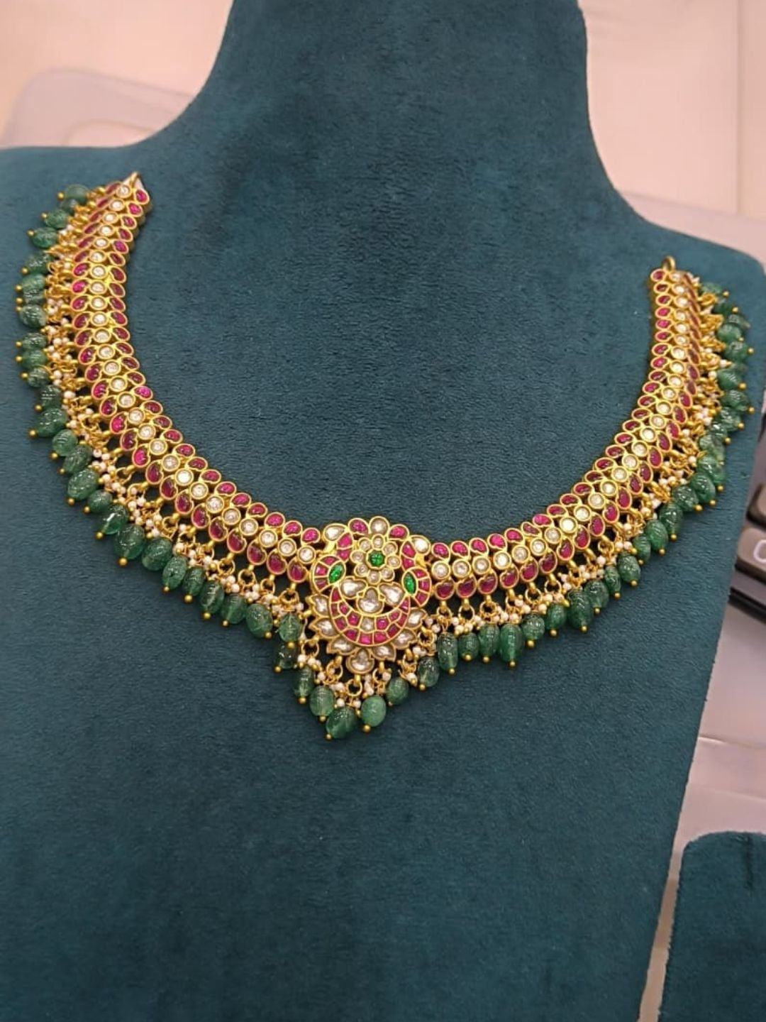 Ishhaara Green Bead Temple Choker Necklace