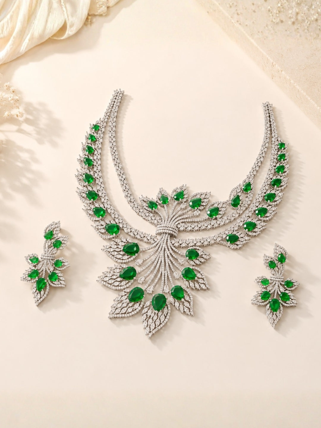 Ishhaara Green Beaded American Diamond Floral Necklace