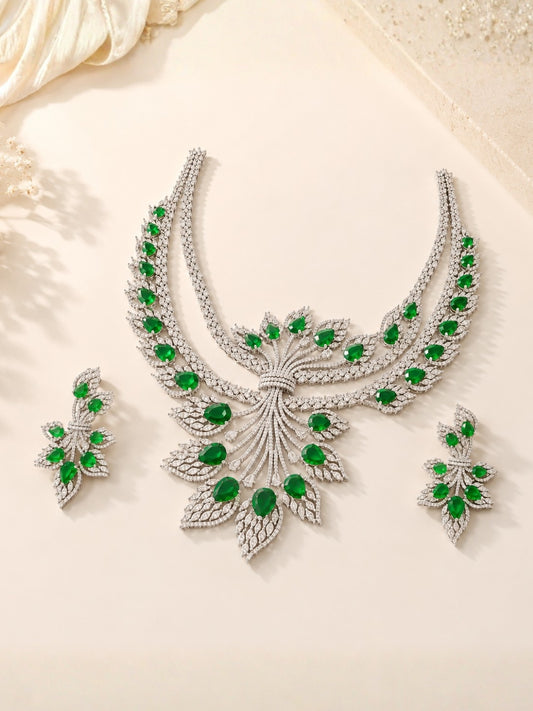 Ishhaara Green Beaded American Diamond Floral Necklace