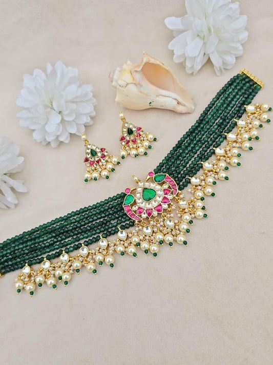 Ishhaara Green Beaded Gold Bell Necklace Set - handcrafted Indian jewellery