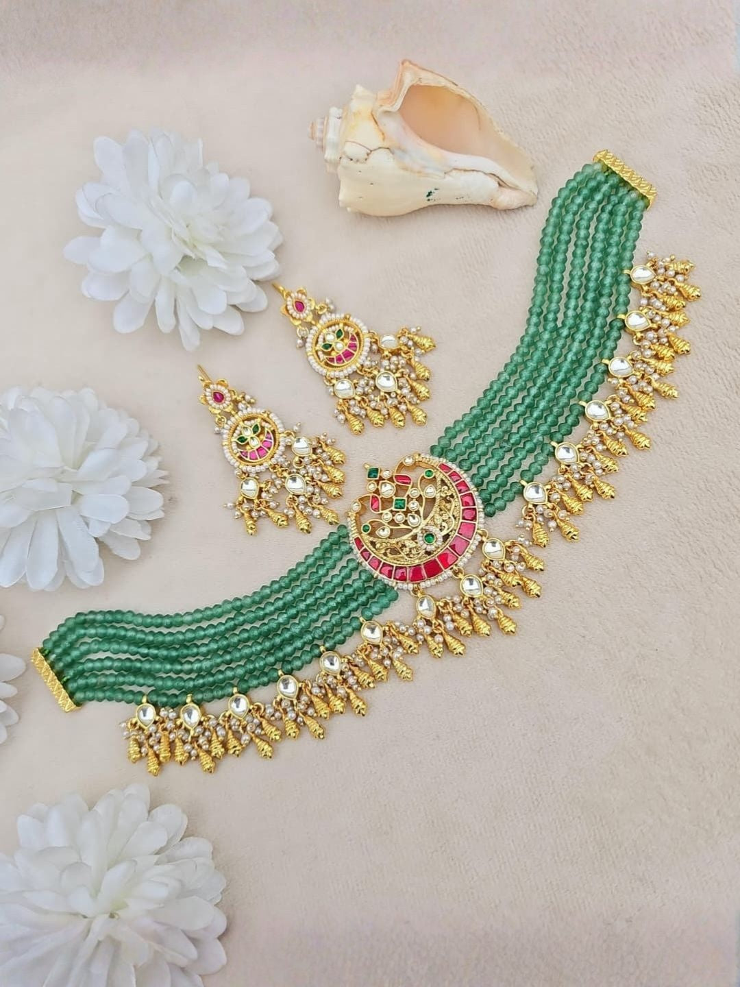 Ishhaara Green Beaded Gold Pendant Necklace Set - handcrafted Indian jewellery