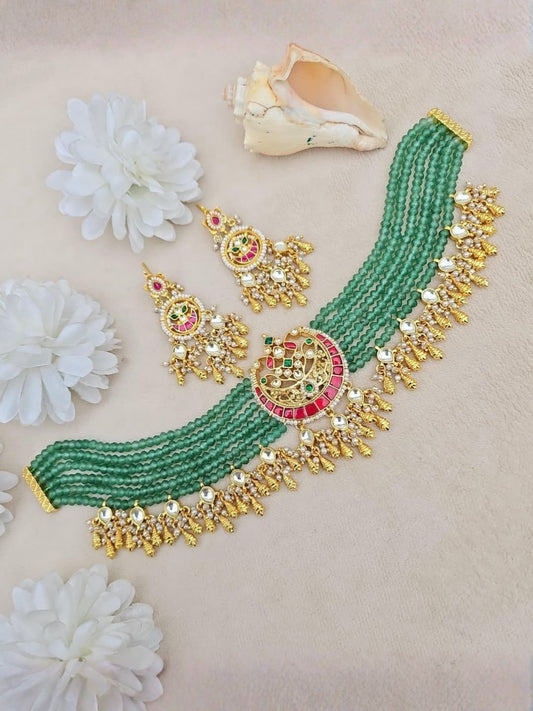 Ishhaara Green Beaded Gold Pendant Necklace Set - handcrafted Indian jewellery