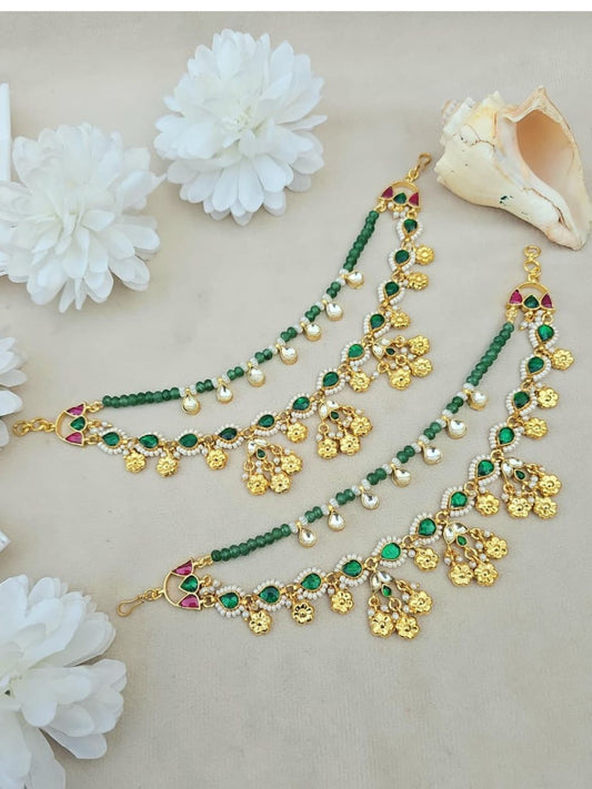 Ishhaara Green Beaded Jadau Kundan Ear Chain