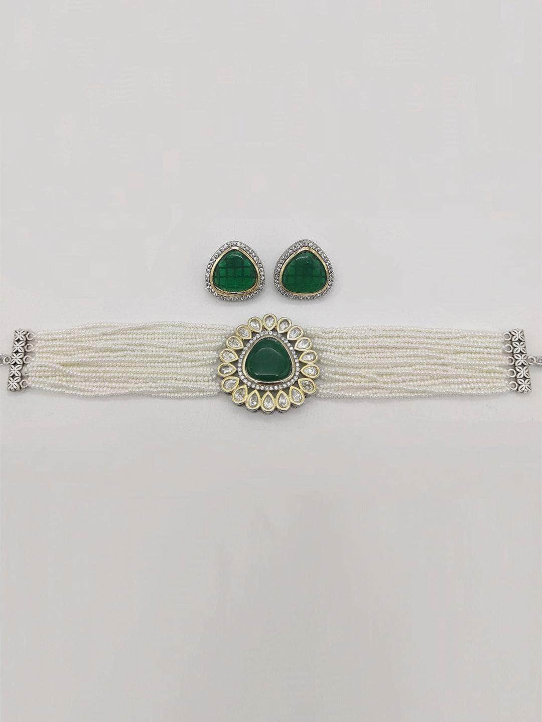 Ishhaara Green Beaded Jewellery Set With Ad Stones