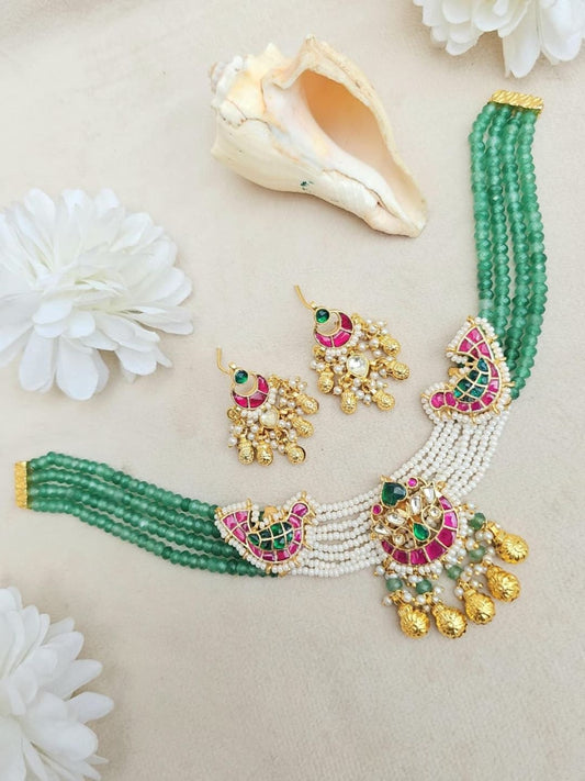 Ishhaara Green Beaded Kundan Choker Necklace Set - handcrafted Indian jewellery