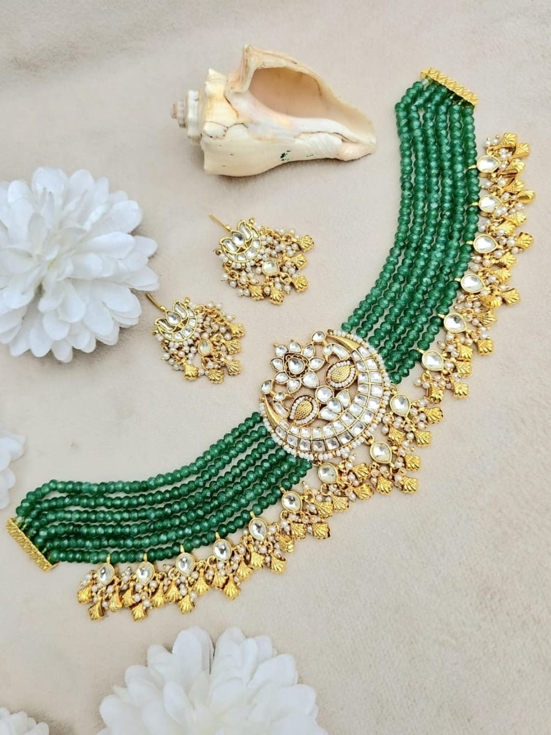 Ishhaara Green Beaded Kundan Necklace Set - handcrafted Indian jewellery