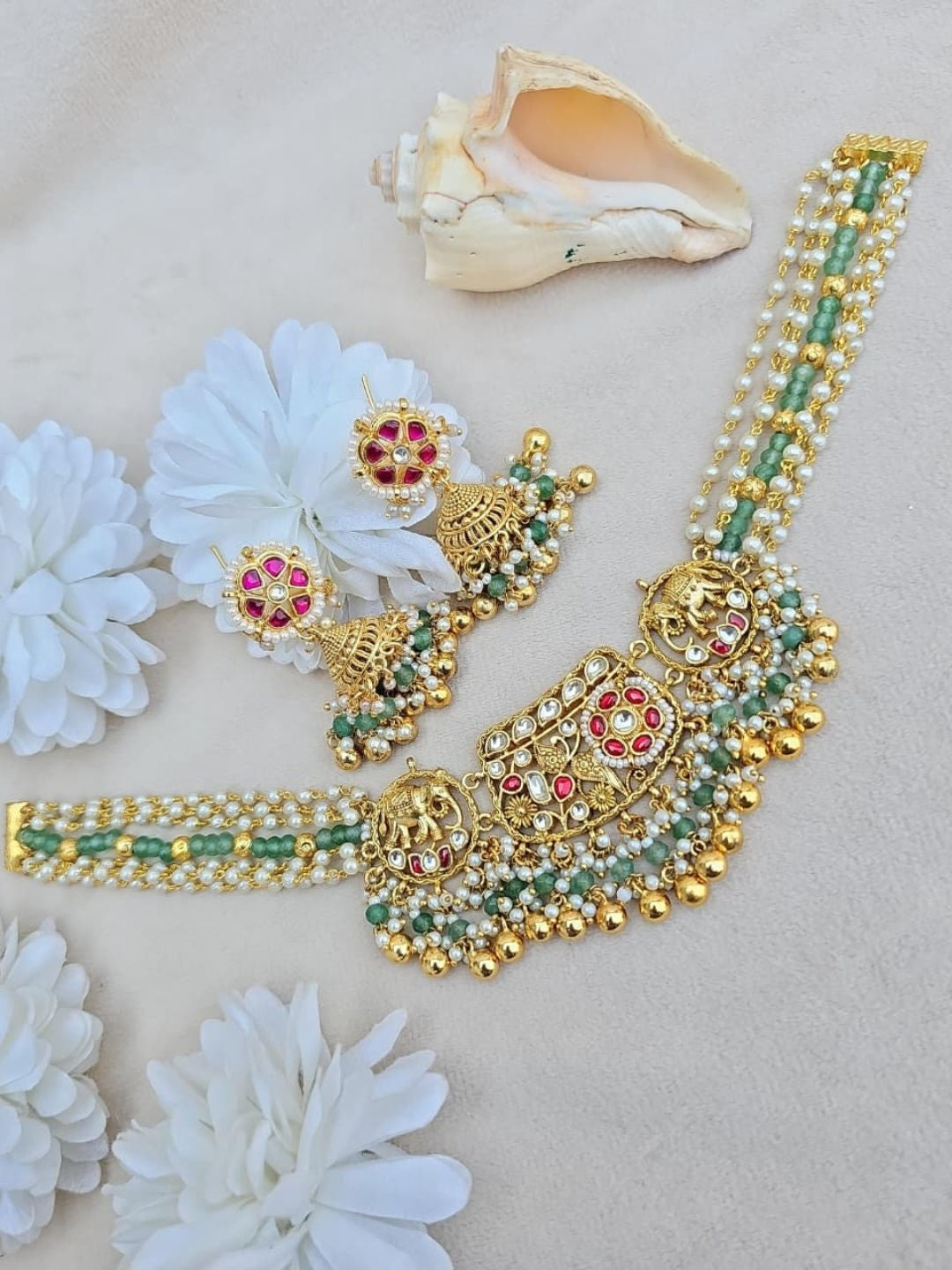 Ishhaara Green Beaded Kundan Necklace Set - handcrafted Indian jewellery