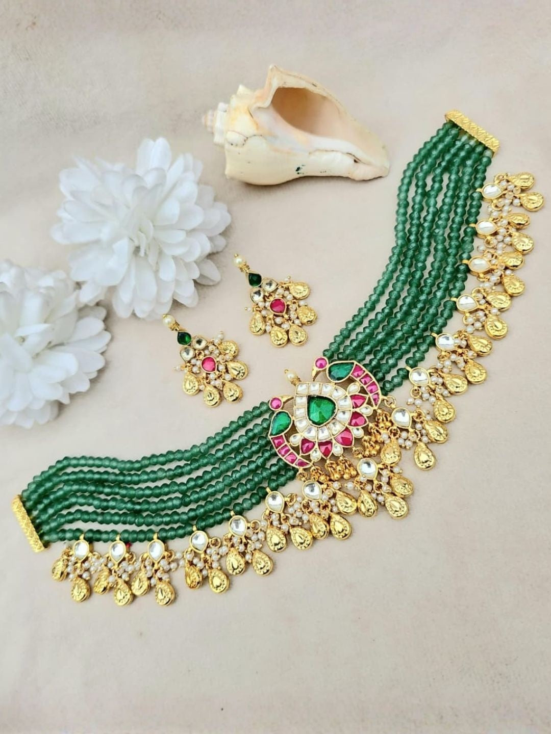 Ishhaara Green Beaded Peacock Choker & Earring Set