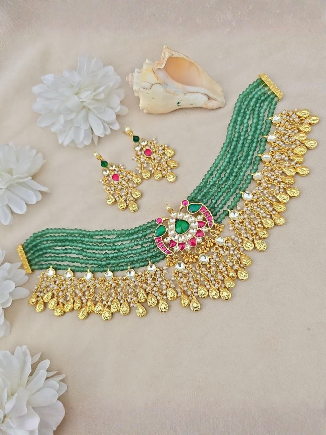 Ishhaara Green Beaded Peacock Choker with Gold Coin Fringe
