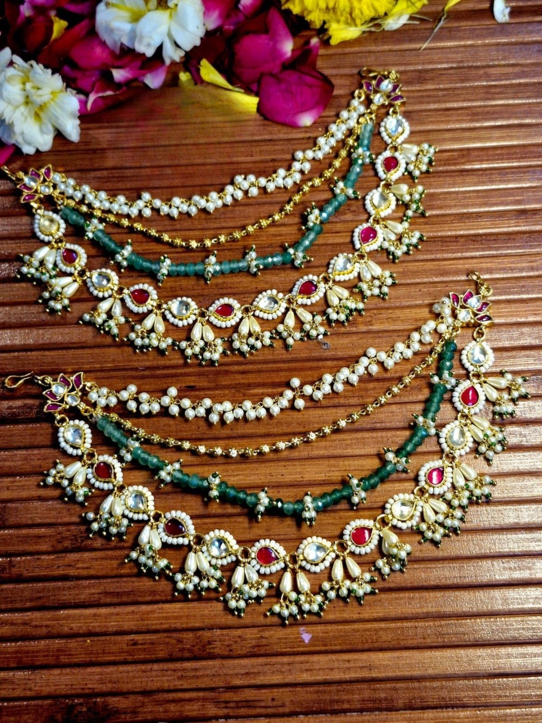 Ishhaara Green Beaded Pearl Jadau Kundan Ear Chain