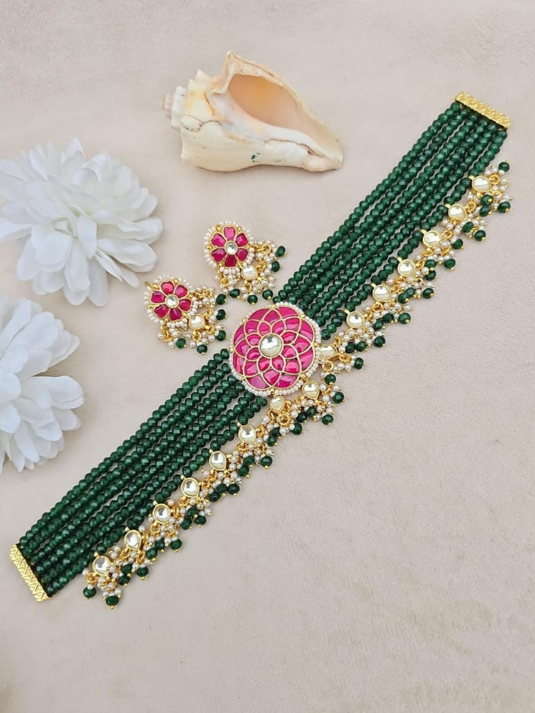 Ishhaara Green Beaded Pink Pendant Necklace Set - handcrafted Indian jewellery