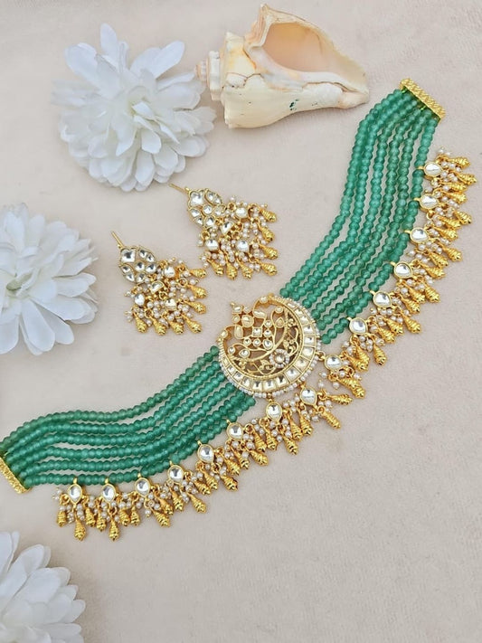 Ishhaara Green Beaded Swan Pendant Necklace Set - handcrafted Indian jewellery