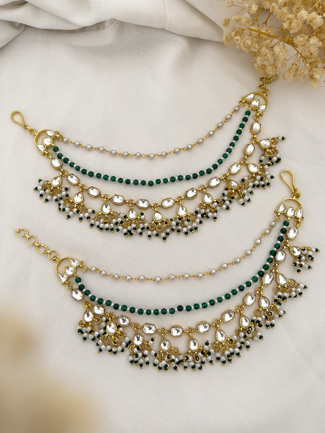 Ishhaara Green Beads And Pearls Ear Chain