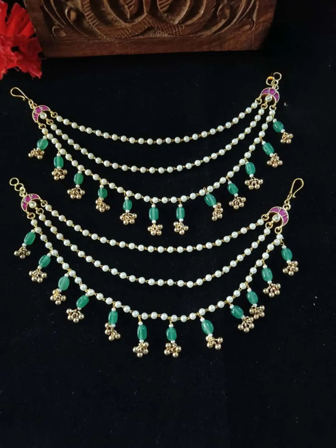 Ishhaara Green Beads And Pearls Studded Ear Chain