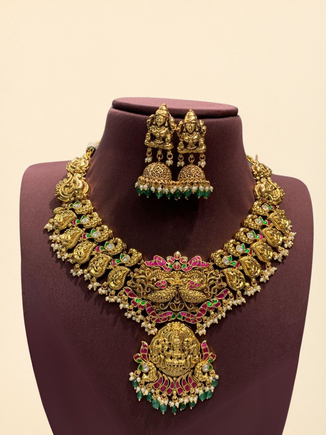 Ishhaara Green Beads Drop Gold Antique Bridal Choker