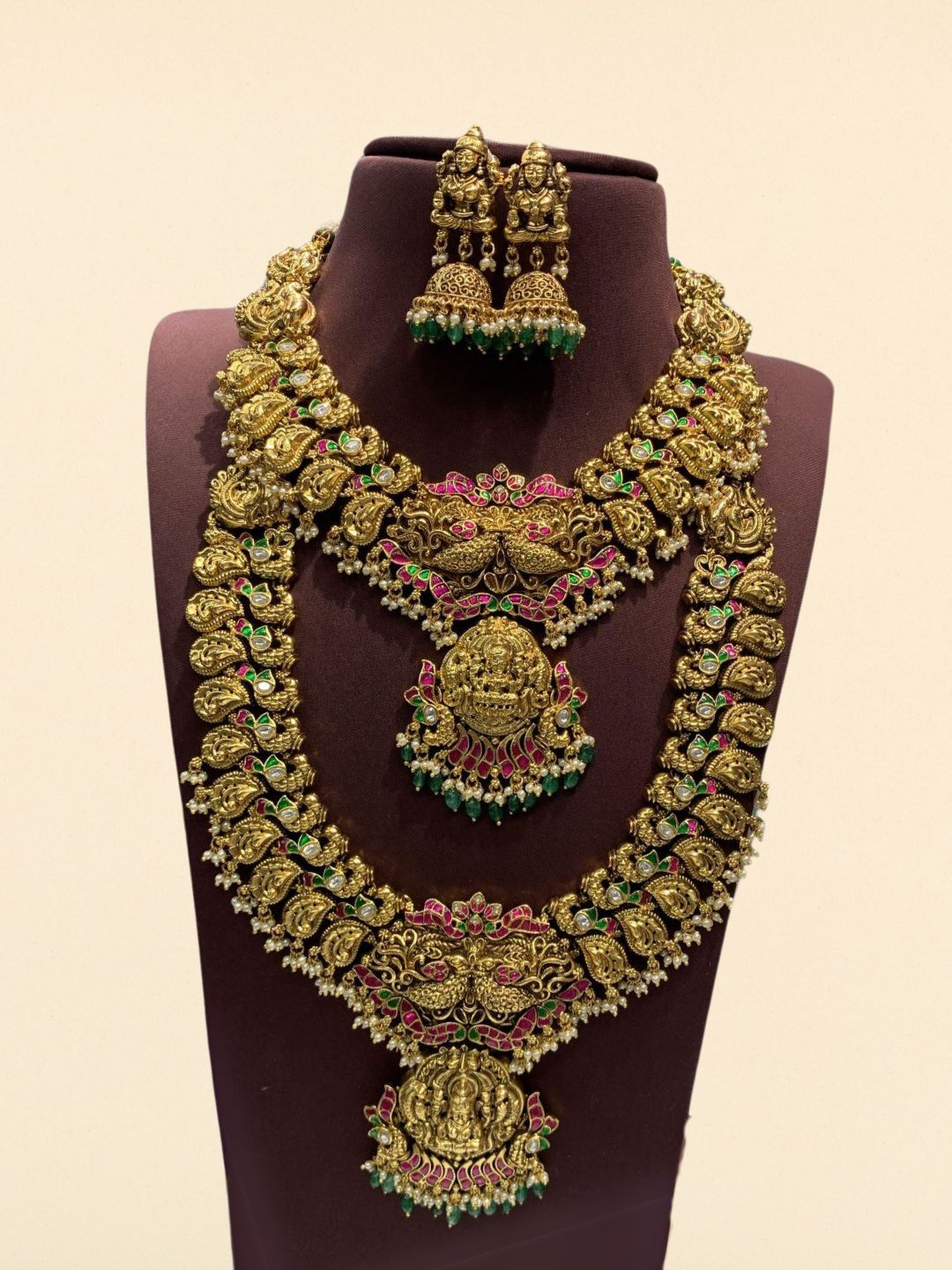 Ishhaara Green Beads Drop Gold Antique Bridal Choker And Long Necklace