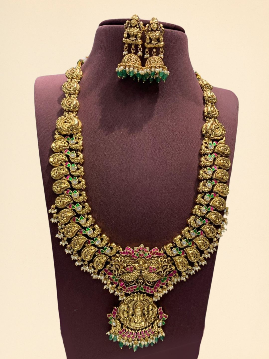 Ishhaara Green Beads Drop Gold Antique Long Necklace