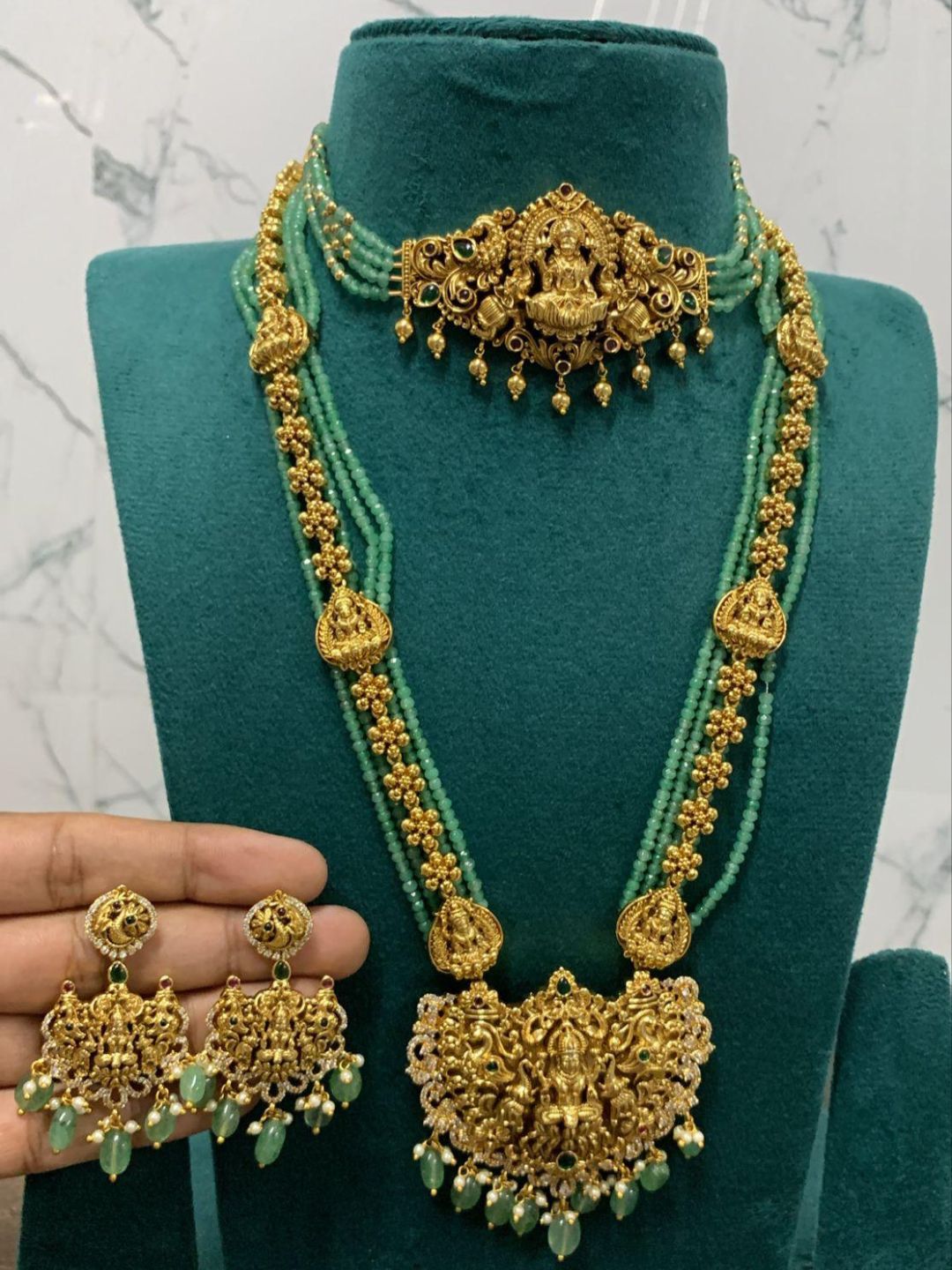 Ishhaara Green Beads Lakshmi Choker And Haram