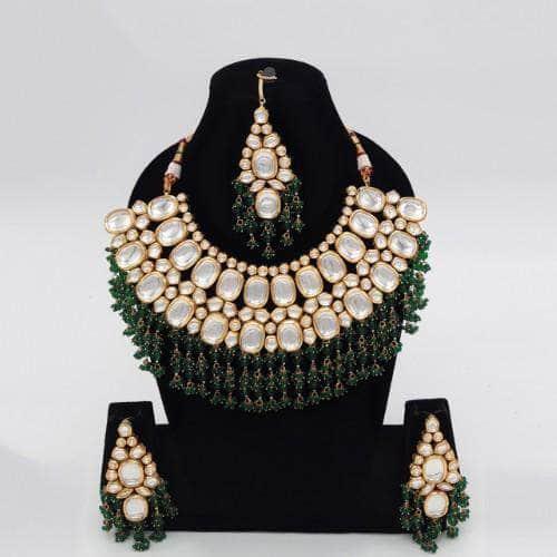 Ishhaara Black Big Kundan Semi Circular Necklace Earring And Teeka Set
