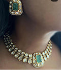 Ishhaara Green Black Rhodium Finish Green Kundan Polki Choker Necklace Set