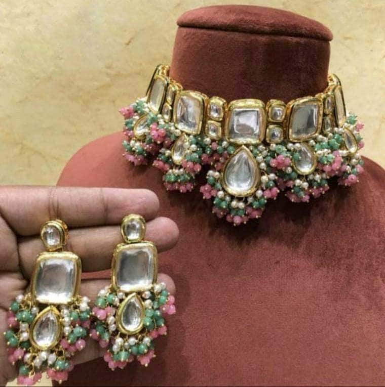 Ishhaara Green Block Kundan Meena Necklace Set