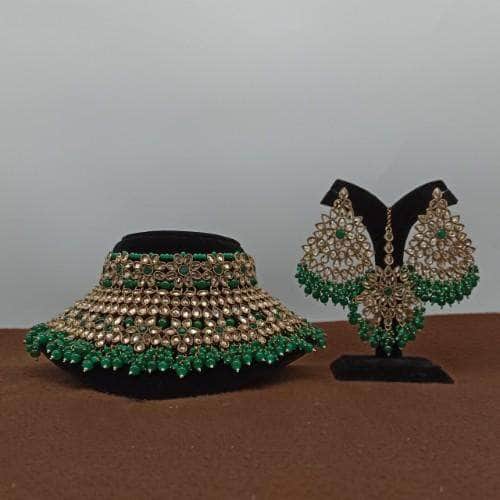 Ishhaara Green Bridal Reverse AD Choker Earring And Teeka Set