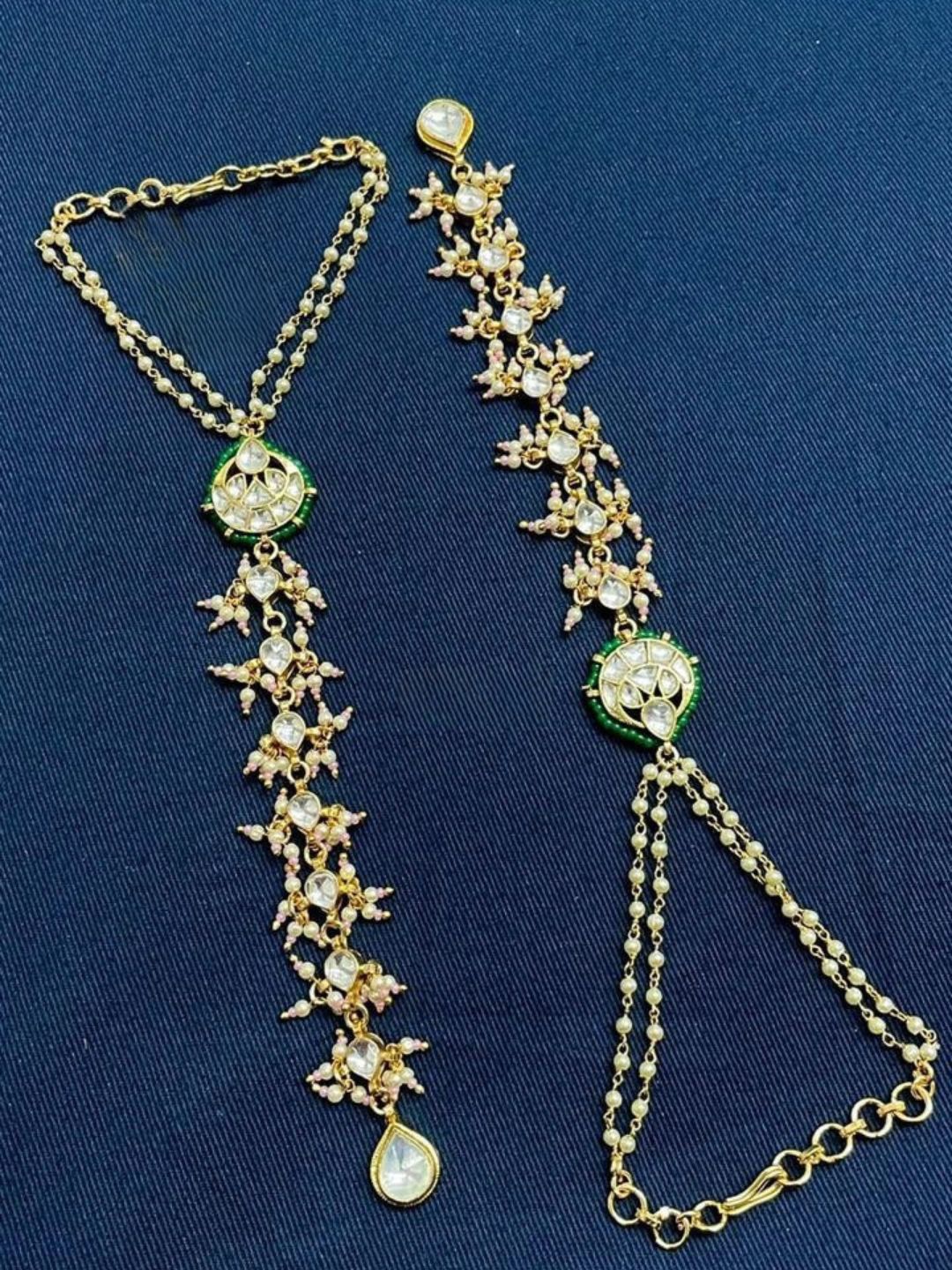 Ishhaara Green Color Gold Plated Jadau Kundan Hathphool