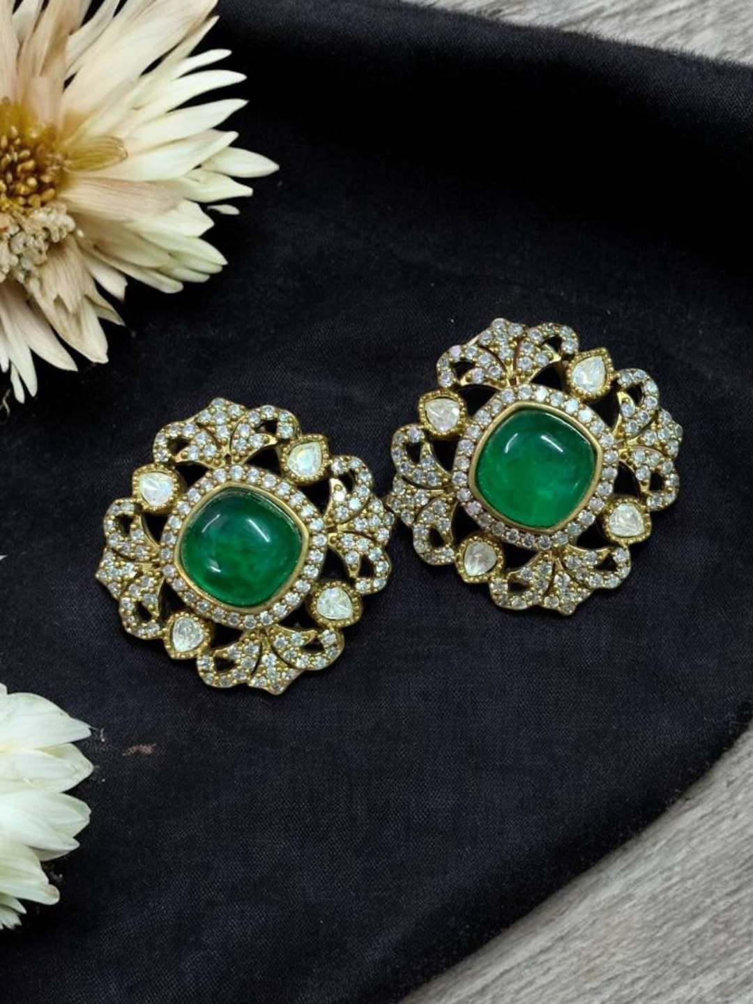 Ishhaara Green Contemporary Stone Studded Studs