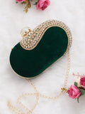 Ishhaara Green Crystal Embroidery Oval Clutches