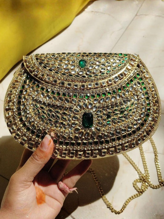 Ishhaara Green Crystal Kundan Clutch