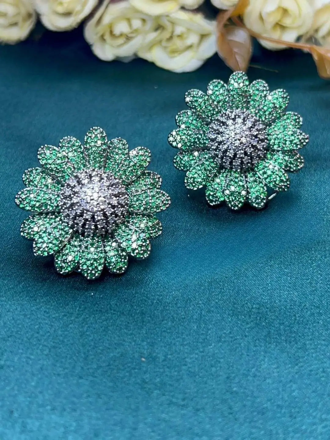 Ishhaara Green Cubic Zirconia Sun Flower Earrings