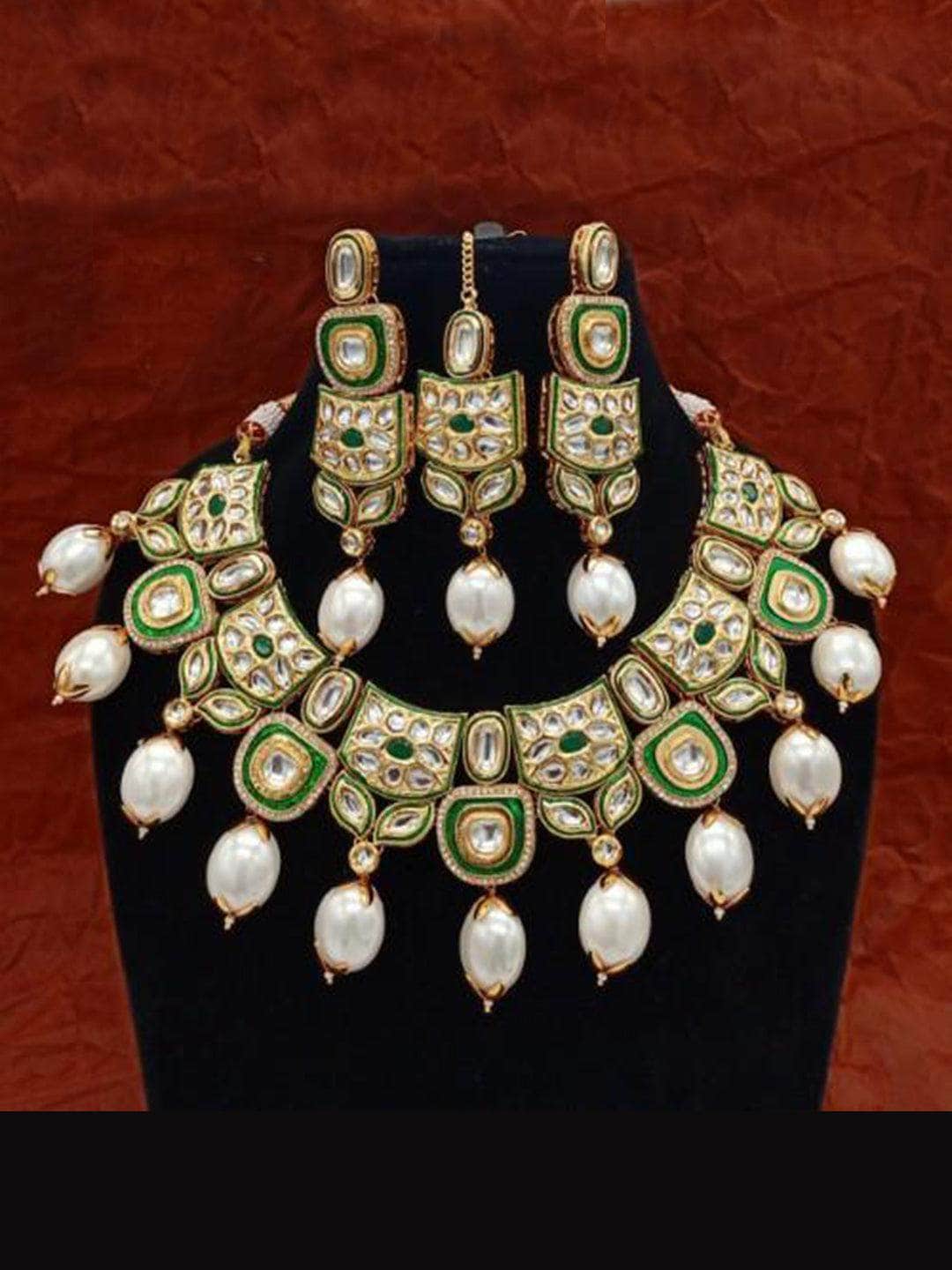Ishhaara Multicolour Cut Kundan Meena Pearls Necklace Earring And Teeka Set