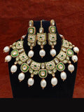 Ishhaara Green Cut Kundan Meena Pearls Necklace Earring And Teeka Set