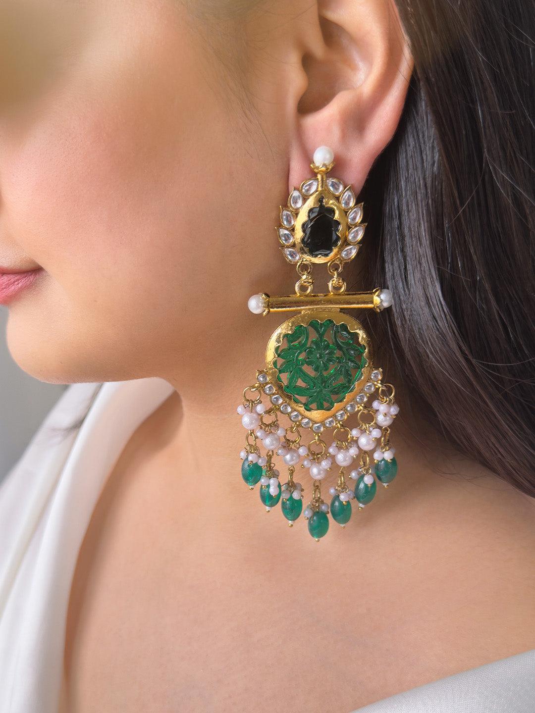 Ishhaara Green Cutwork Chandbali Earrings