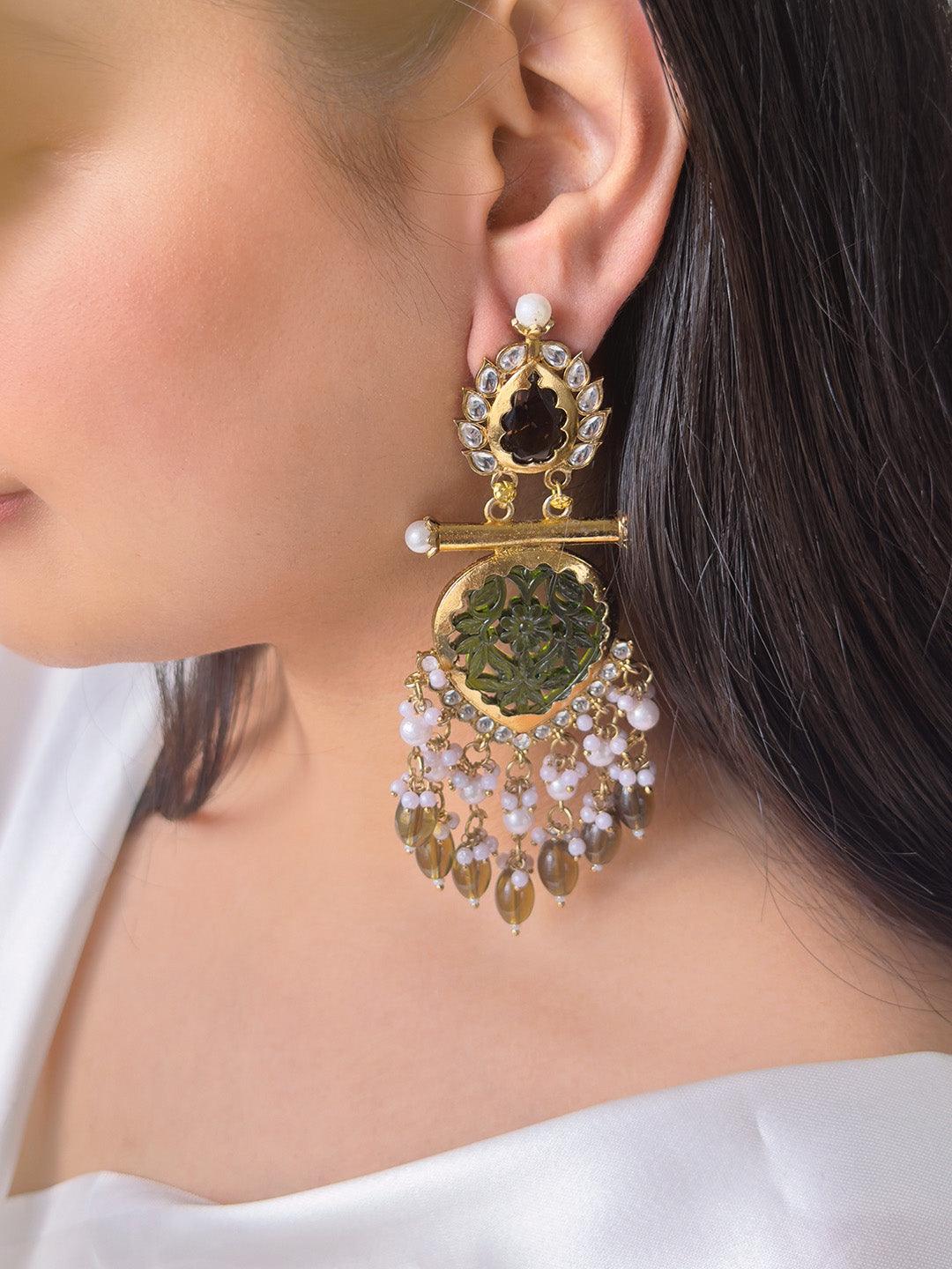 Ishhaara Green Cutwork Chandbali Earrings