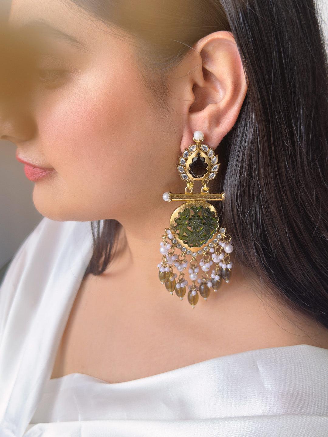 Ishhaara Green Cutwork Chandbali Earrings