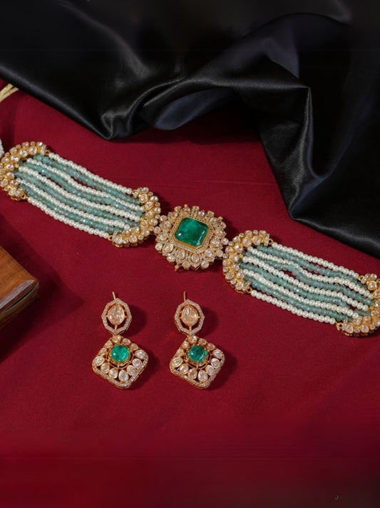 Ishhaara Green Cz Square Shaped Mint Green Choker Necklace Set