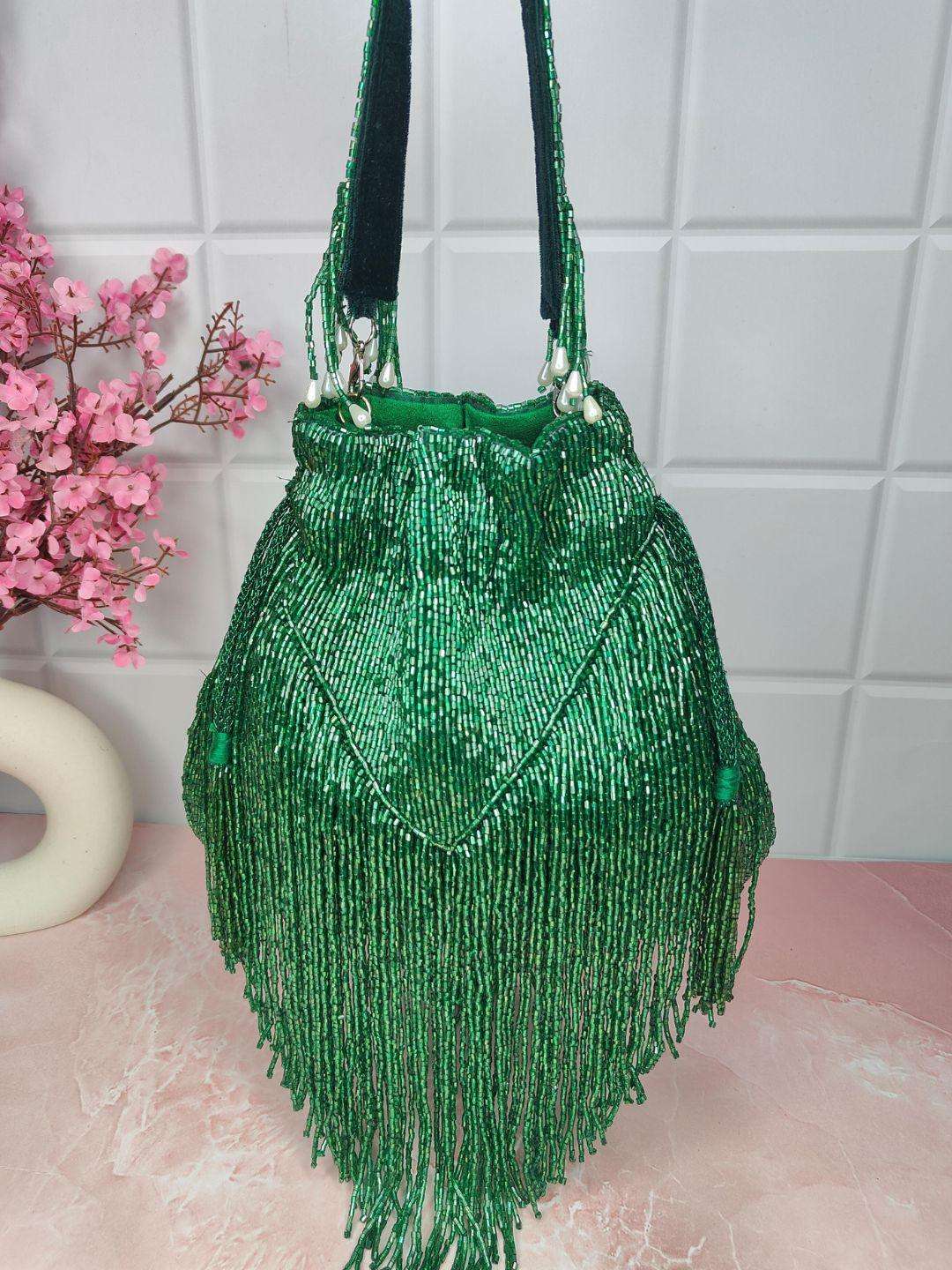 Ishhaara Green Designer "V" Shape Fringes Potli Bag