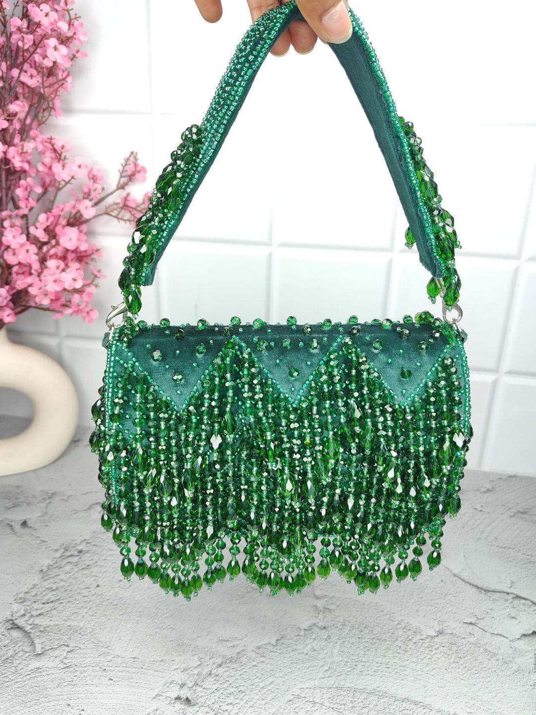 Ishhaara Green Designer Crystal Flap Bags