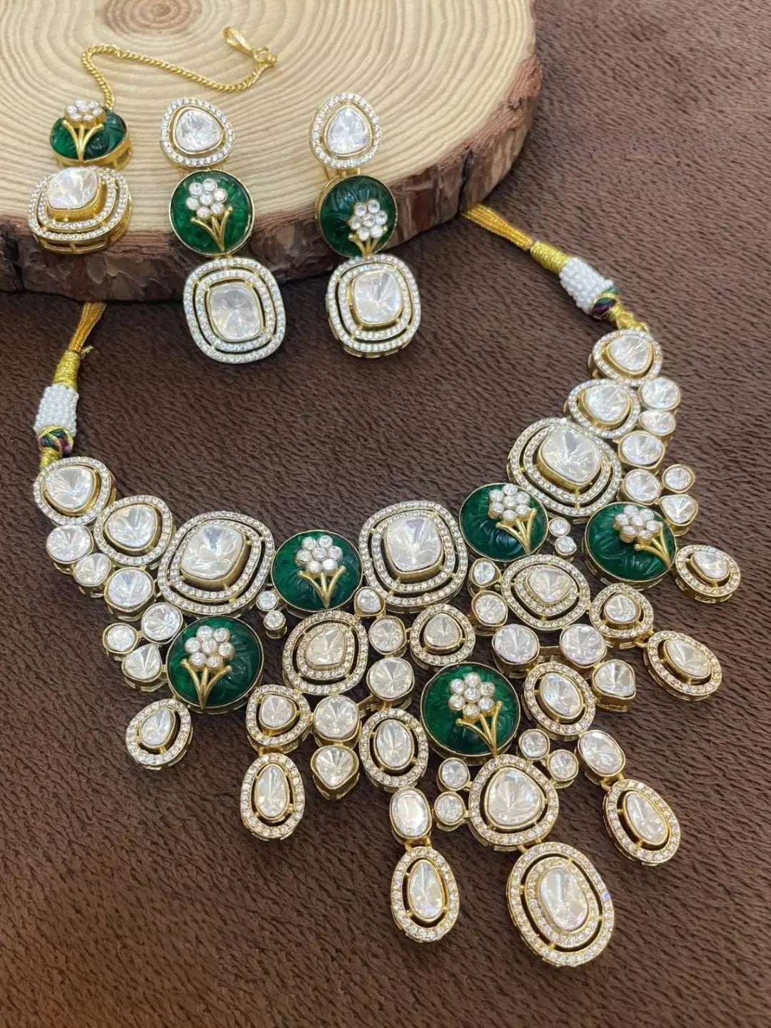 Ishhaara Green Designer Heavy Polki Kundan And Meenakari Necklace Set