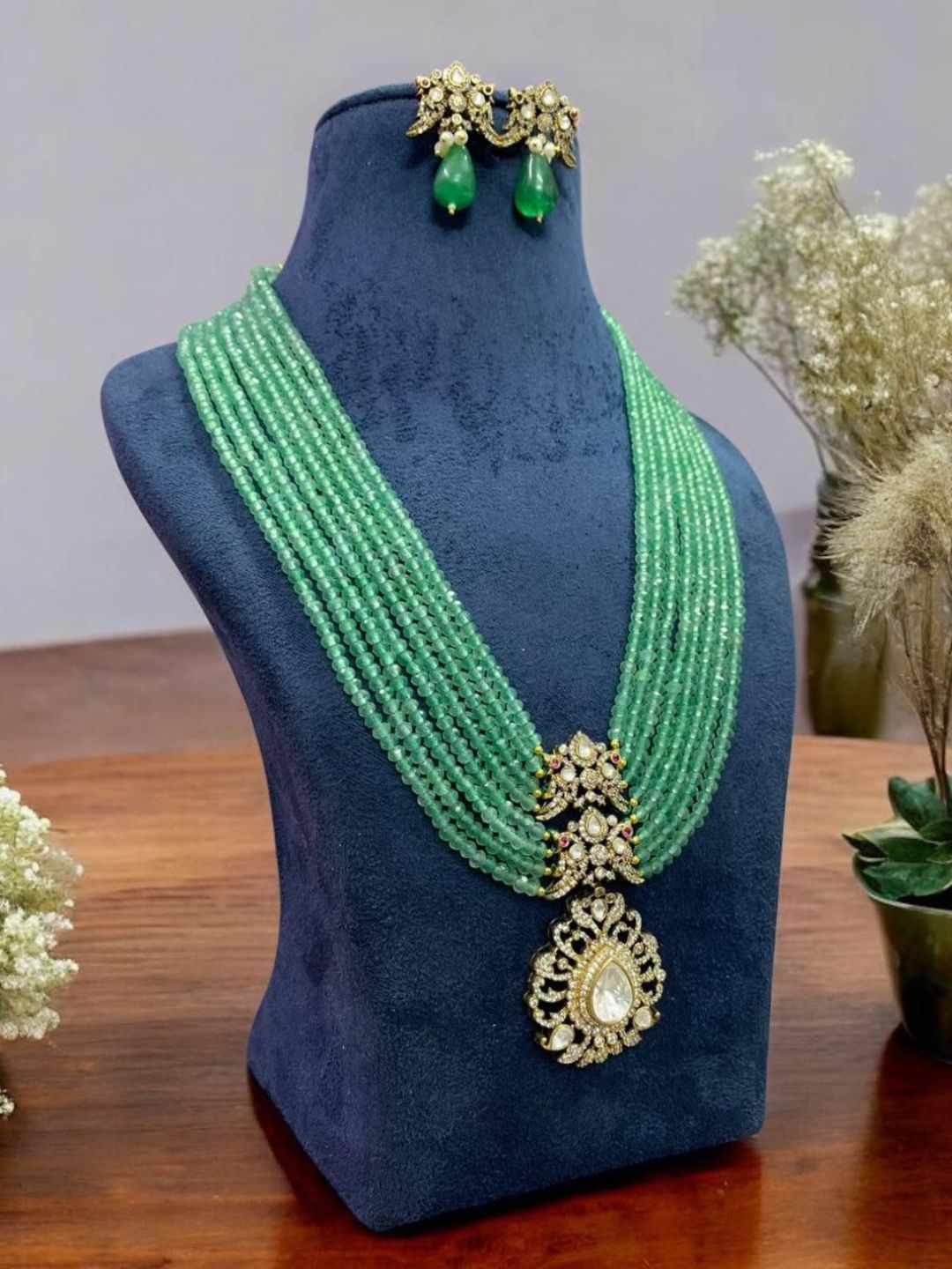 Ishhaara Blue Designer Long Polki Kundan Pendant Necklace Set