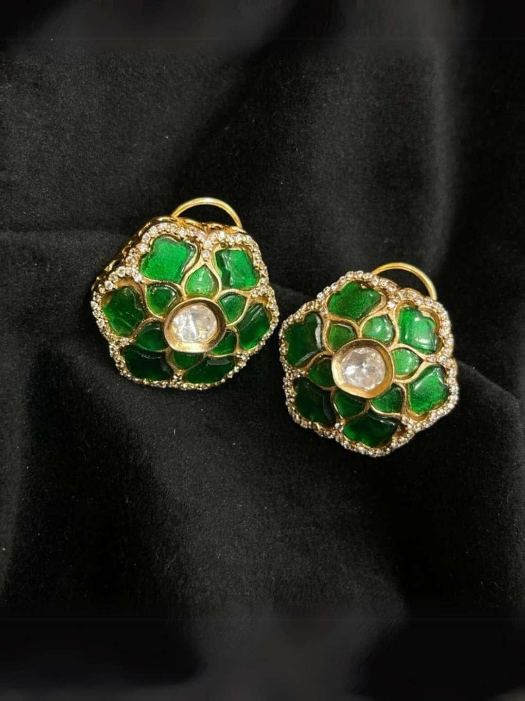 Ishhaara Green Designer Polki Stud Earrings