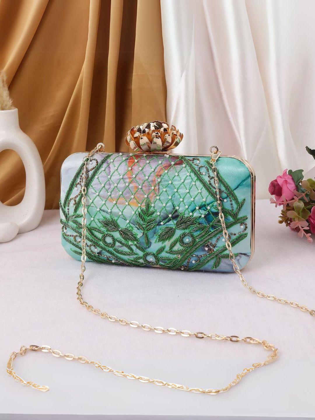 Ishhaara Green Designer Printed Embroidered Clutch With Lotus Button