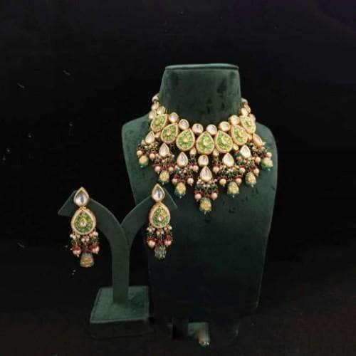 Ishhaara Green Drop Meena Kundan Necklace And Earring Set