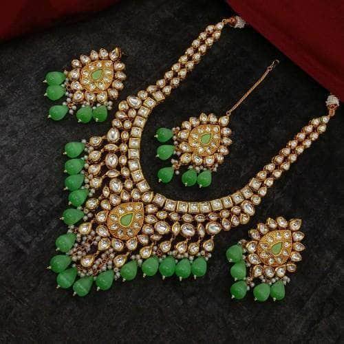 Ishhaara Blue Drop Meena Kundan Necklace Earring And Teeka Set