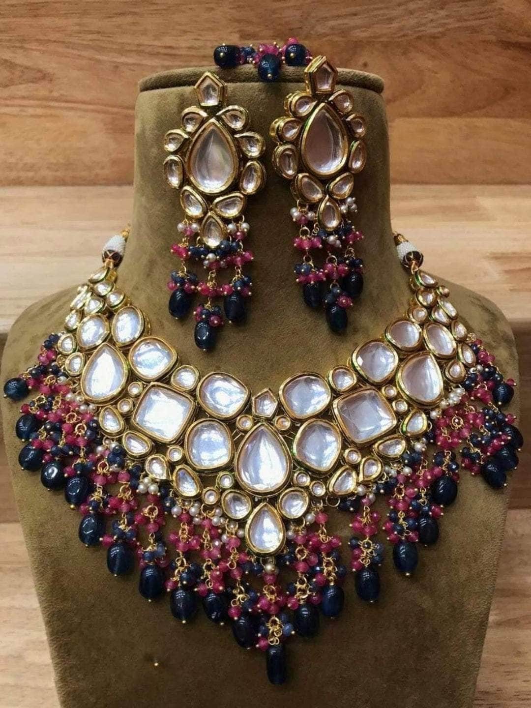 Ishhaara Blue Drop Shaped Big Kundan Necklace Set