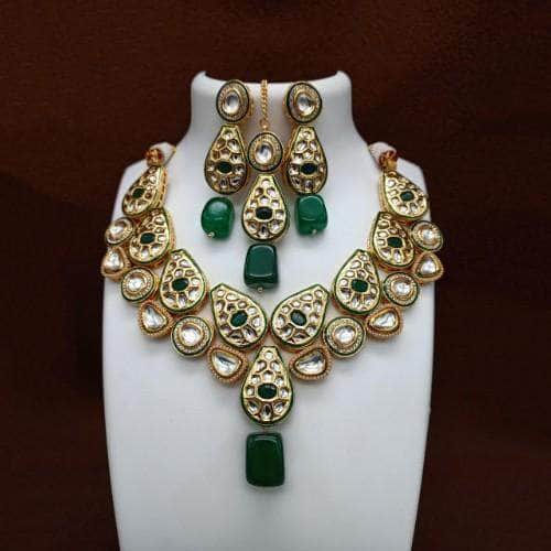 Ishhaara Green Drop Stone Cut Work Necklace And Earring Set