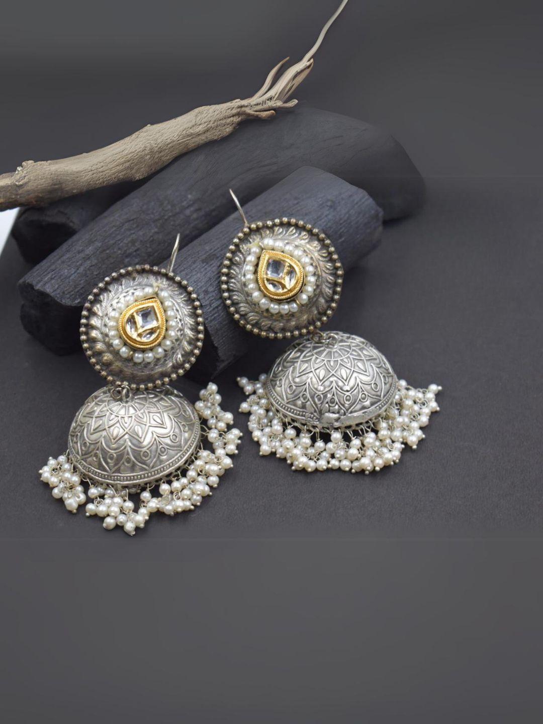 Ishhaara Dual Tone Round Shaped Pearl Statement Jhumkas