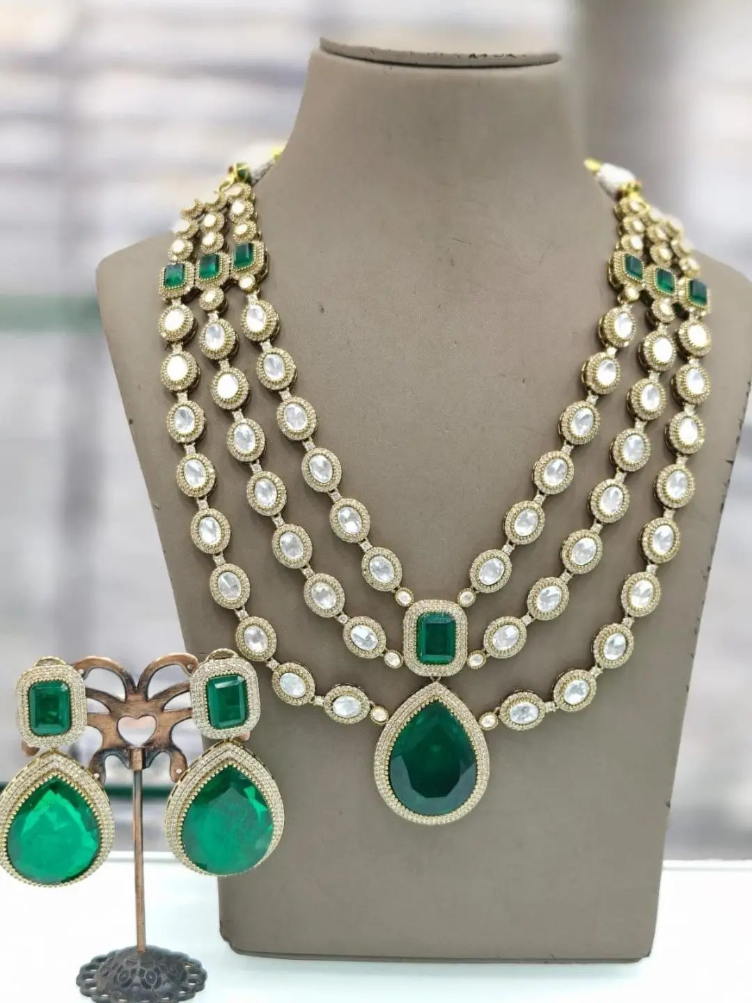 Ishhaara Green Elegant 3 Layer Victorian Ad Haram With Gemstones