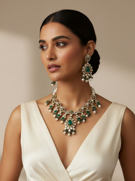 Ishhaara Green Elegant Royal Look Necklace Set
